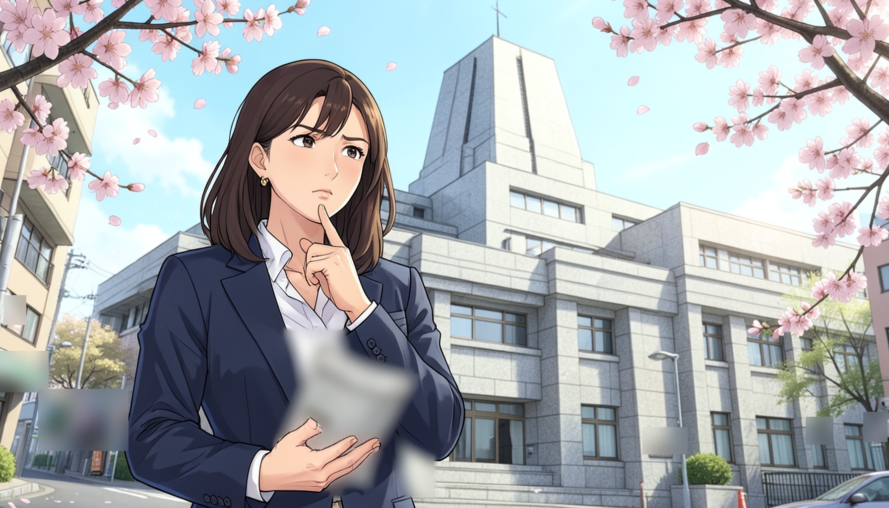 春の国会議事堂前で、新聞を手にあごに指を当てて考え込む紺のスーツ姿の女性。桜の枝が画面を縁取るアニメ風イラスト