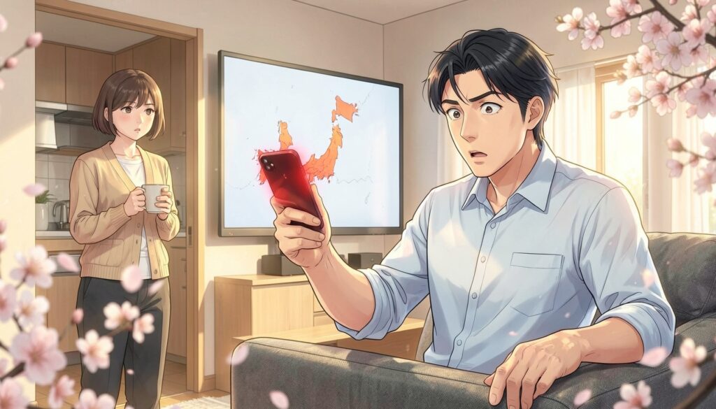 明るいリビングで、鳴り響くスマホを掴んで目を見開く驚いた表情の男性と、キッチンからマグカップを持って日本地図が映るテレビを見つめる女性、桜が舞うアニメ風イラスト