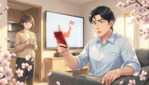 明るいリビングで、鳴り響くスマホを掴んで目を見開く驚いた表情の男性と、キッチンからマグカップを持って日本地図が映るテレビを見つめる女性、桜が舞うアニメ風イラスト