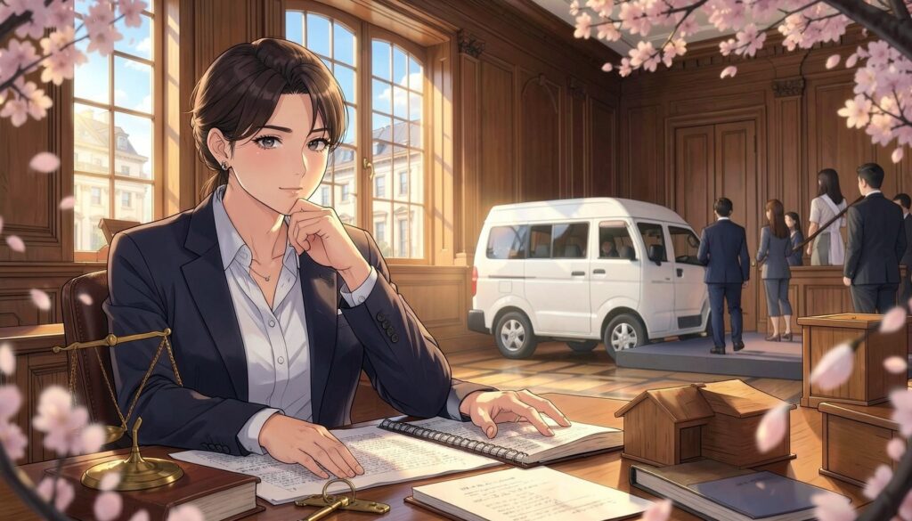 法律書と天秤を前に考える女性と、窓の外の議事堂風の建物、白い車とたすき姿の人物のアニメ風イラスト
