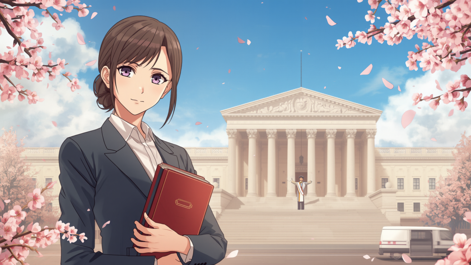 桜の舞う議事堂風の建物の前で法律書を抱える女性と、階段でたすきを掛けて手を広げる人物、選挙カーのアニメ風イラスト