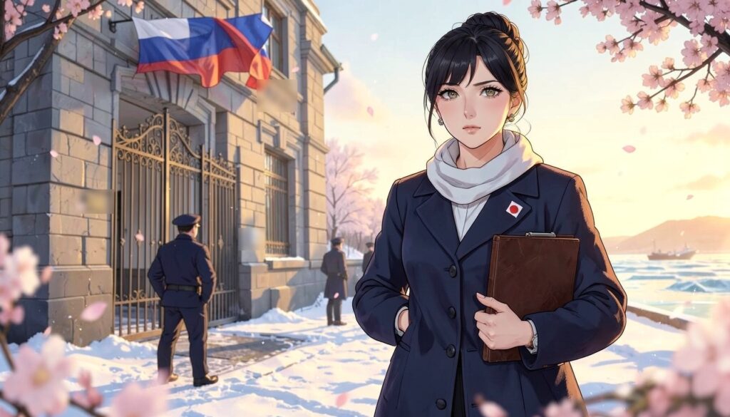 雪の北の港町で、ロシア国旗が掲げられた石造りの庁舎と門に立つ警備員を背に、日の丸ピンをつけた紺のコートの女性が書類ファイルを抱えて毅然と立つ、桜が舞うアニメ風イラスト