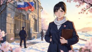 雪の北の港町で、ロシア国旗が掲げられた石造りの庁舎と門に立つ警備員を背に、日の丸ピンをつけた紺のコートの女性が書類ファイルを抱えて毅然と立つ、桜が舞うアニメ風イラスト