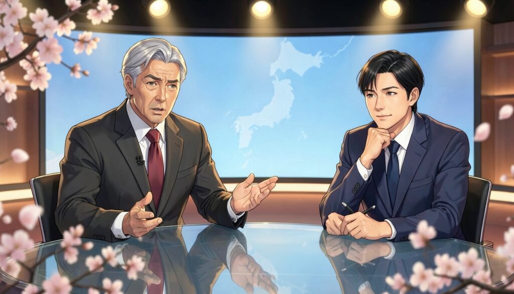 テレビの討論番組のスタジオで、ガラスのデスク越しに身を乗り出して手ぶりを交えて語る白髪の男性と、顎に手を当てて疑わしげな笑みで聞く司会の男性、背後に日本地図のスクリーン、桜が舞うアニメ風イラスト