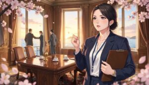 交渉用の円卓と茶器を前に落ち着いて説明する女性と、海辺で握手する人々、桜のアニメ風イラスト