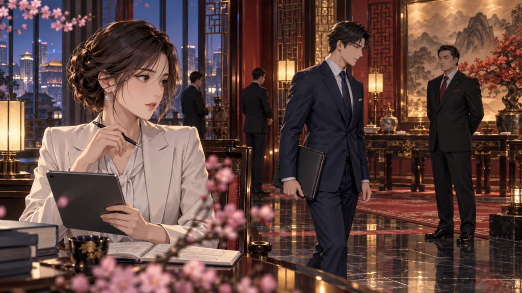 日中外交会談後の動向を見守る女性分析官と両国の男性政治家を描いたアニメ風イラスト
