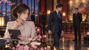 日中外交会談後の動向を見守る女性分析官と両国の男性政治家を描いたアニメ風イラスト