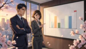 夕暮れの東京のビル街を背にした会議室で、腕組みして険しい表情で棒グラフを見つめる紺スーツの男性と、グラフを指さして眉をひそめるグレーのスーツの女性、桜が舞うアニメ風イラスト