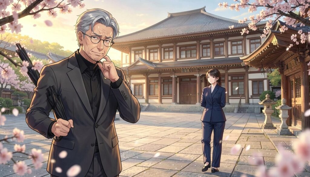 夕暮れの寺院の石畳で、閉じた傘を抱えて頬に手を当て気まずそうに苦笑する白髪眼鏡の男性と、後ろ手に組んで冷ややかに見つめる紺スーツの女性、石灯籠と桜が舞うアニメ風イラスト