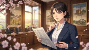 桜の舞う役所の会議室で予算書を審査する女性と、金貨を積んだ庁舎と天秤の壁画のアニメ風イラスト
