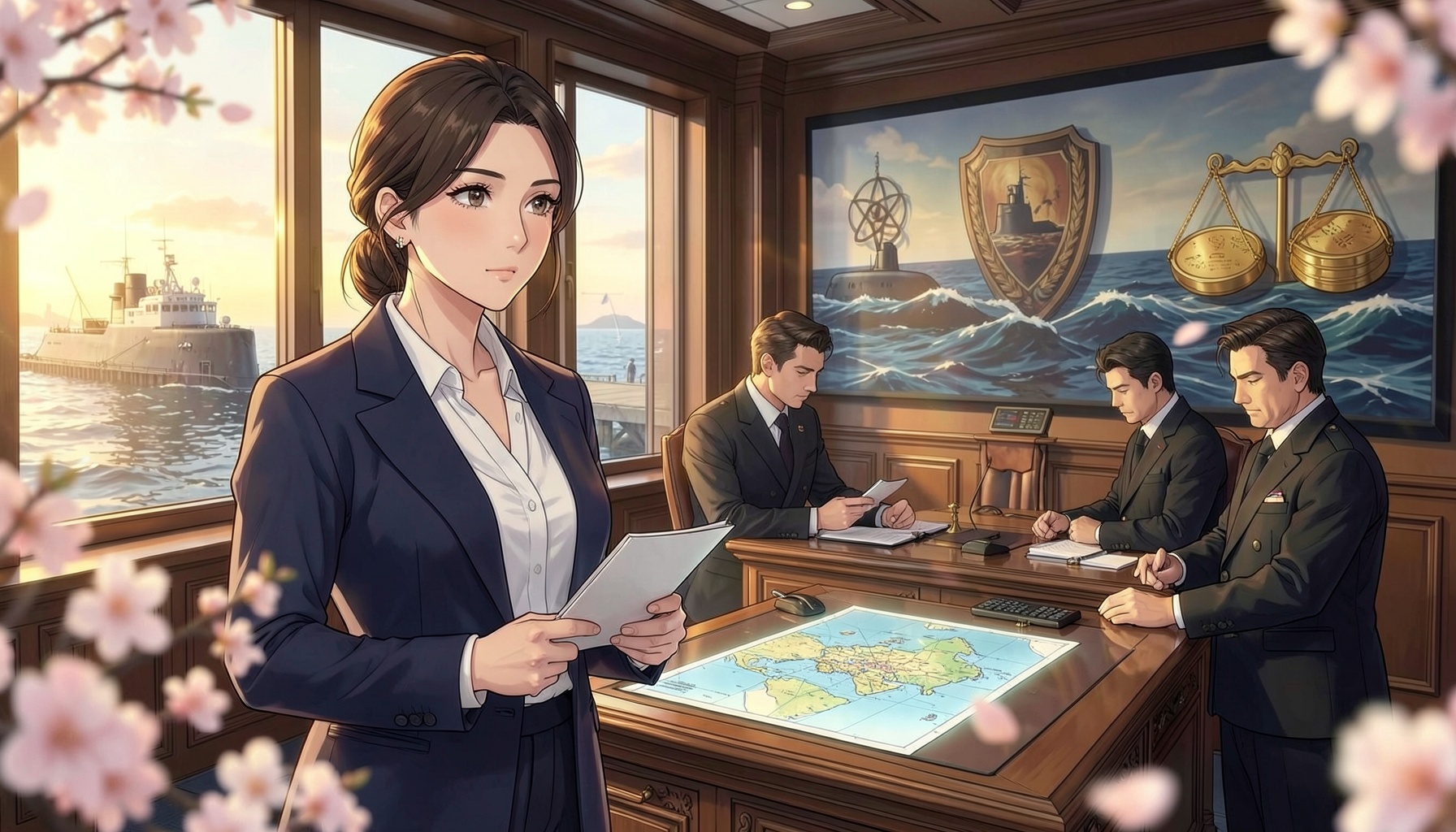 桜の舞う海軍の作戦室で書類を手に抑止力を考える女性と、港に停泊する潜水艦、盾と天秤の壁画のアニメ風イラスト