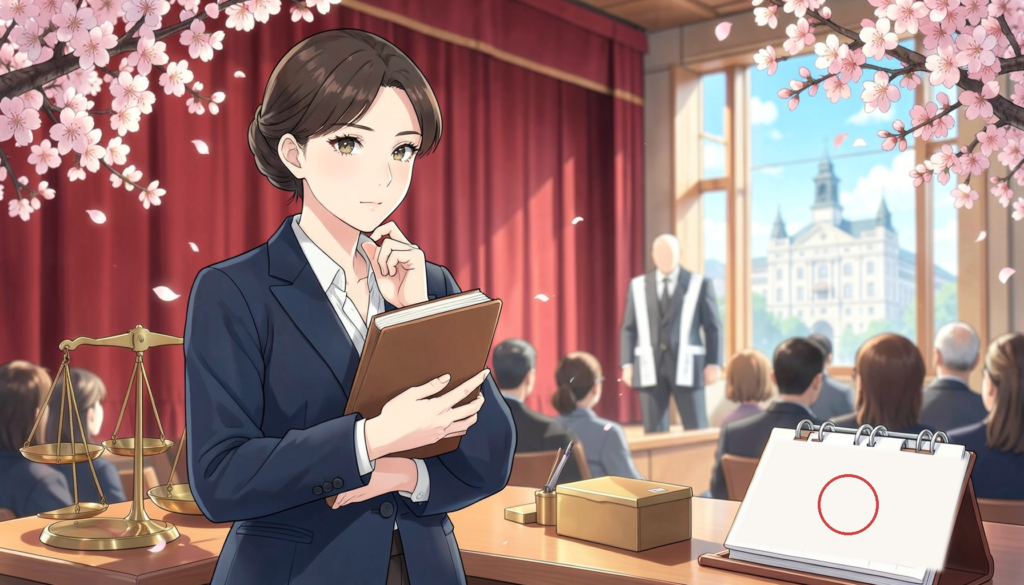桜の舞う劇場で法律書を手に考え込む女性と、天秤や投票箱、舞台に立つたすき姿の人物のアニメ風イラスト