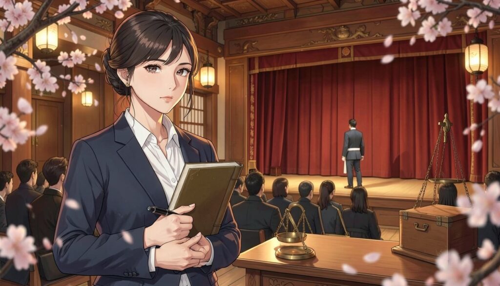 法律書を抱える女性と、たすきを掛けて舞台に立つ人物の後ろ姿、天秤と投票箱のアニメ風イラスト