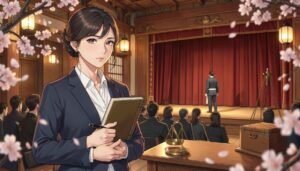 法律書を抱える女性と、たすきを掛けて舞台に立つ人物の後ろ姿、天秤と投票箱のアニメ風イラスト