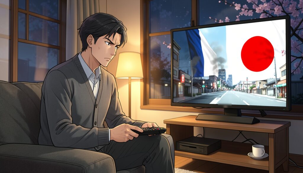 夜のリビングでソファに座りリモコンを手にした男性が、フランス国旗と遠くの煙、日の丸と穏やかな街並みを並べて映すテレビを疑わしげに見つめている、窓の外に桜が見えるアニメ風イラスト