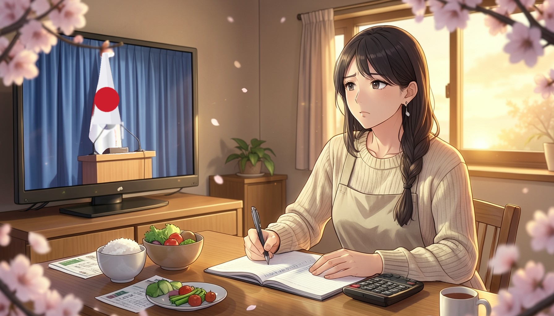 夕暮れの食卓で、家計簿と電卓を前にペンを持ち、日の丸と演台が映るテレビを疲れた表情で見つめるエプロン姿の女性、桜が舞うアニメ風イラスト