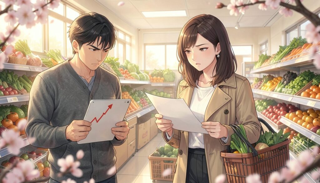 明るいスーパーの青果売り場で、買い物かごを下げてレシートを疑わしげに見つめるトレンチコートの女性と、右肩上がりの赤い折れ線グラフが映るタブレットを見て顔をしかめるカーディガンの男性、桜が舞うアニメ風イラスト
