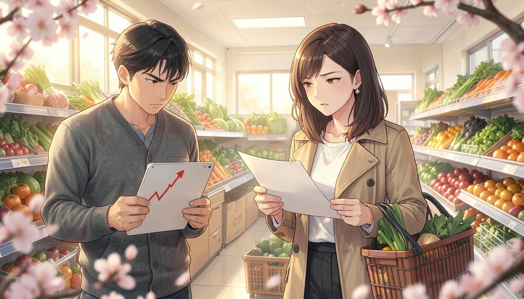 明るいスーパーの青果売り場で、買い物かごを下げてレシートを疑わしげに見つめるトレンチコートの女性と、右肩上がりの赤い折れ線グラフが映るタブレットを見て顔をしかめるカーディガンの男性、桜が舞うアニメ風イラスト