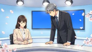 テレビのニューススタジオで、白髪交じりのスーツ姿の男性が机に両手をついて深く頭を下げ、隣で女性キャスターが手を組んで俯く、桜が舞うアニメ風イラスト