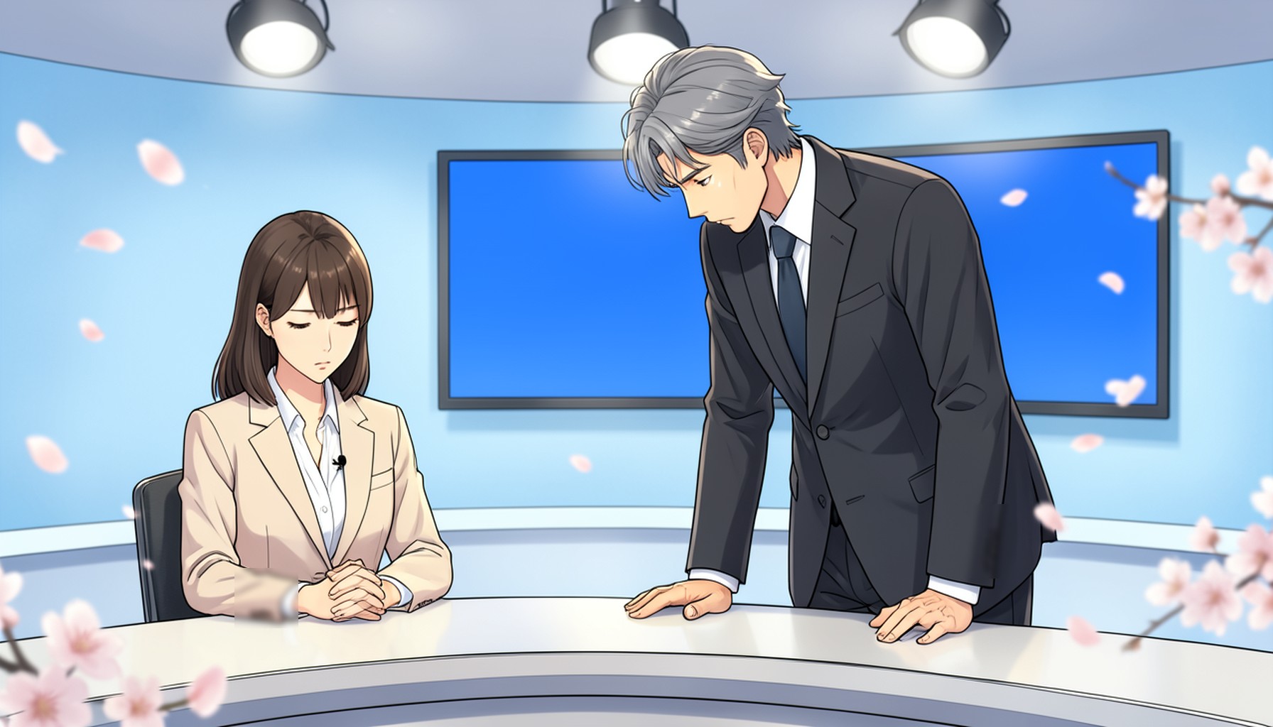 テレビのニューススタジオで、白髪交じりのスーツ姿の男性が机に両手をついて深く頭を下げ、隣で女性キャスターが手を組んで俯く、桜が舞うアニメ風イラスト