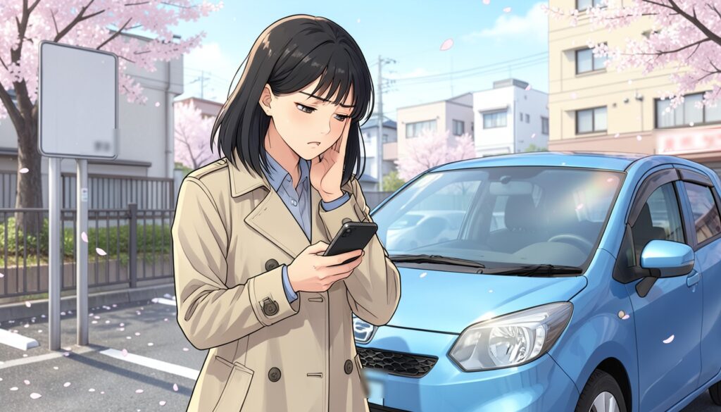 桜が舞うカーシェア駐車場で、青い小型車のそばに立つトレンチコート姿の女性がスマートフォンの画面を見つめ、不安そうに頬に手を当てているアニメ風イラスト