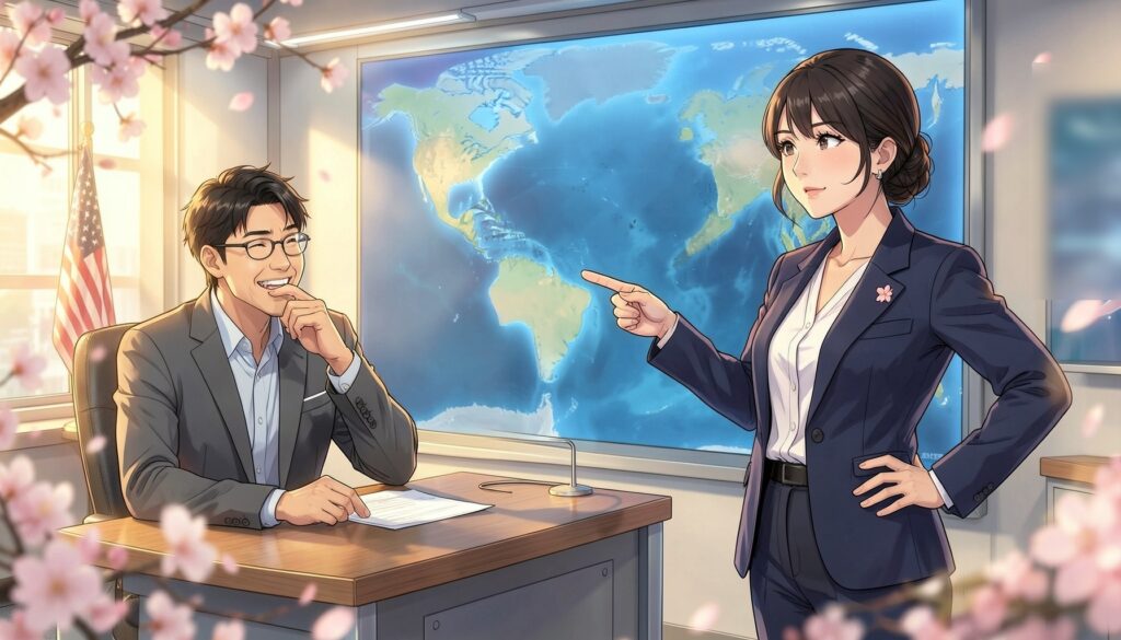 明るいニューススタジオで、大きな世界地図の太平洋を指さして呆れた表情で微笑む紺ブレザーの女性と、デスクで口元を押さえて笑う眼鏡の男性、傍らに米国旗が立つ桜舞うアニメ風イラスト