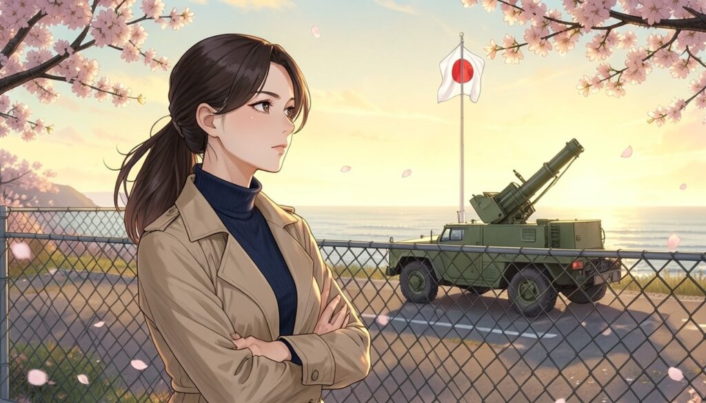 夕暮れの海沿いにある自衛隊基地のフェンスの外で、ベージュのトレンチコートを着た女性が腕を組み、厳しい表情で遠くを見つめる。フェンスの向こうに日の丸の旗竿とパトリオット迎撃ミサイルの発射機を載せた車両、上部に桜の枝があるアニメ風イラスト