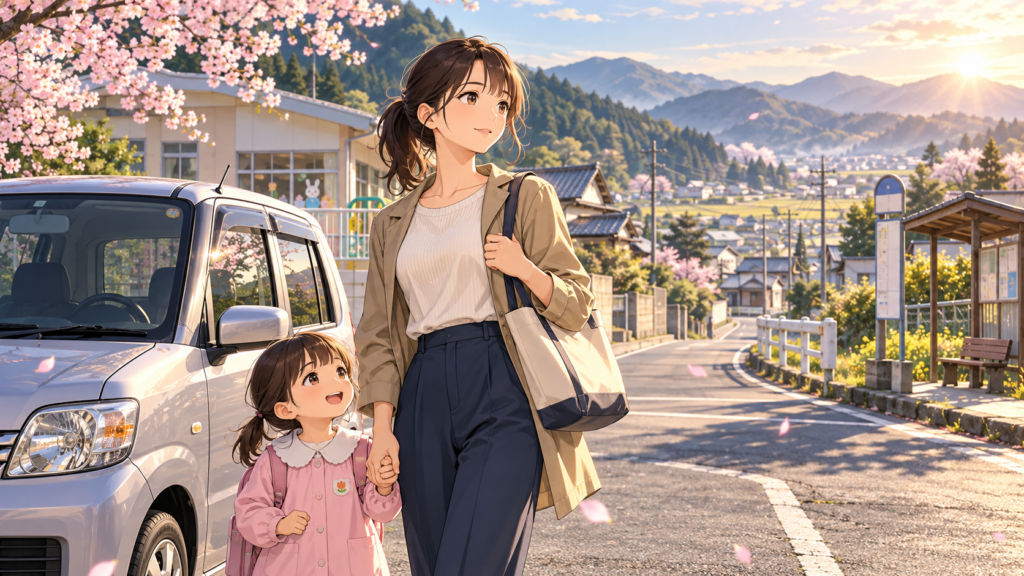 桜の咲く地方の町で、軽自動車のそばに立つ母親と未就学児を描いたアニメ風イラスト
